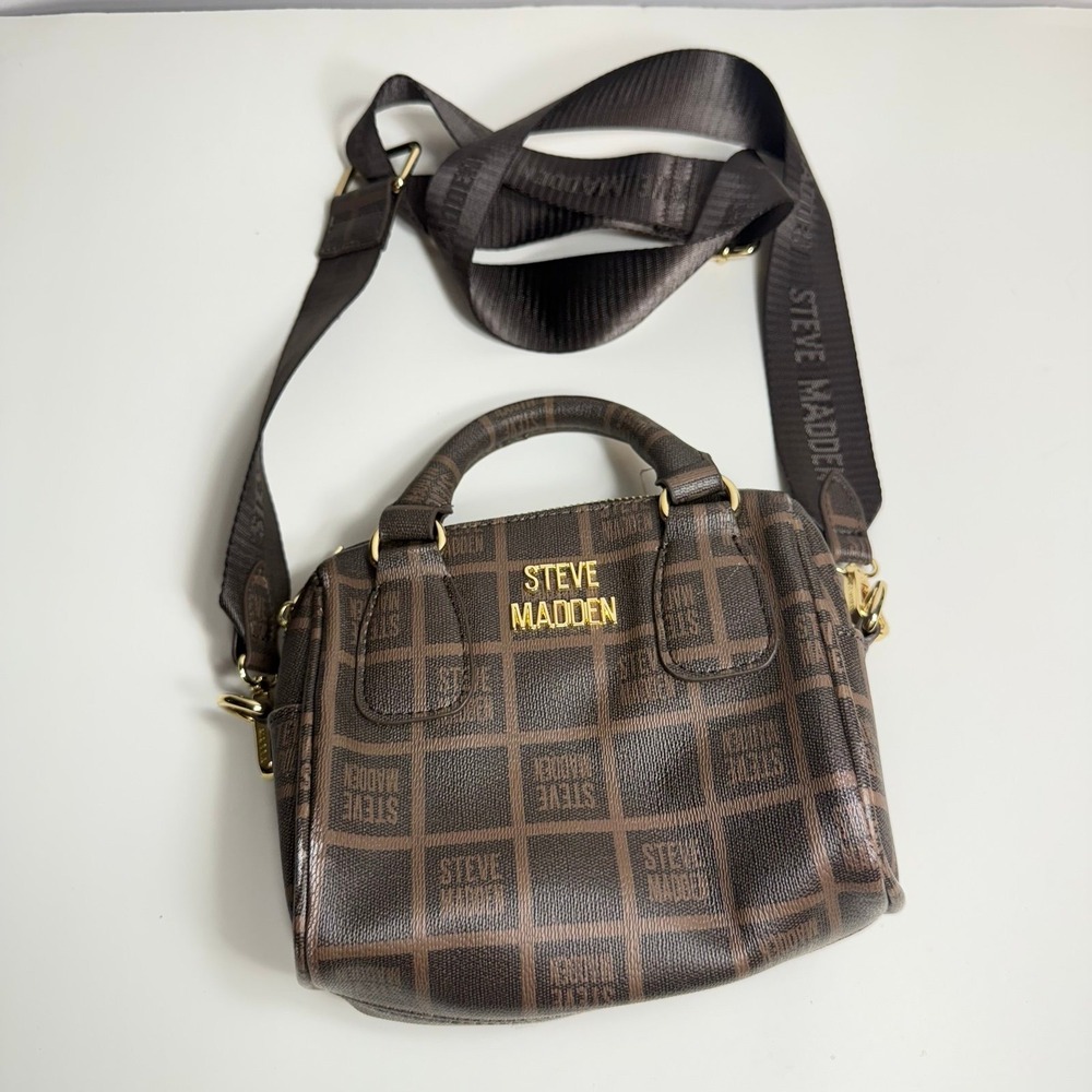 Steve Madden Brown Logo Mini Satchel Crossbody Bag – Gold Hardware.